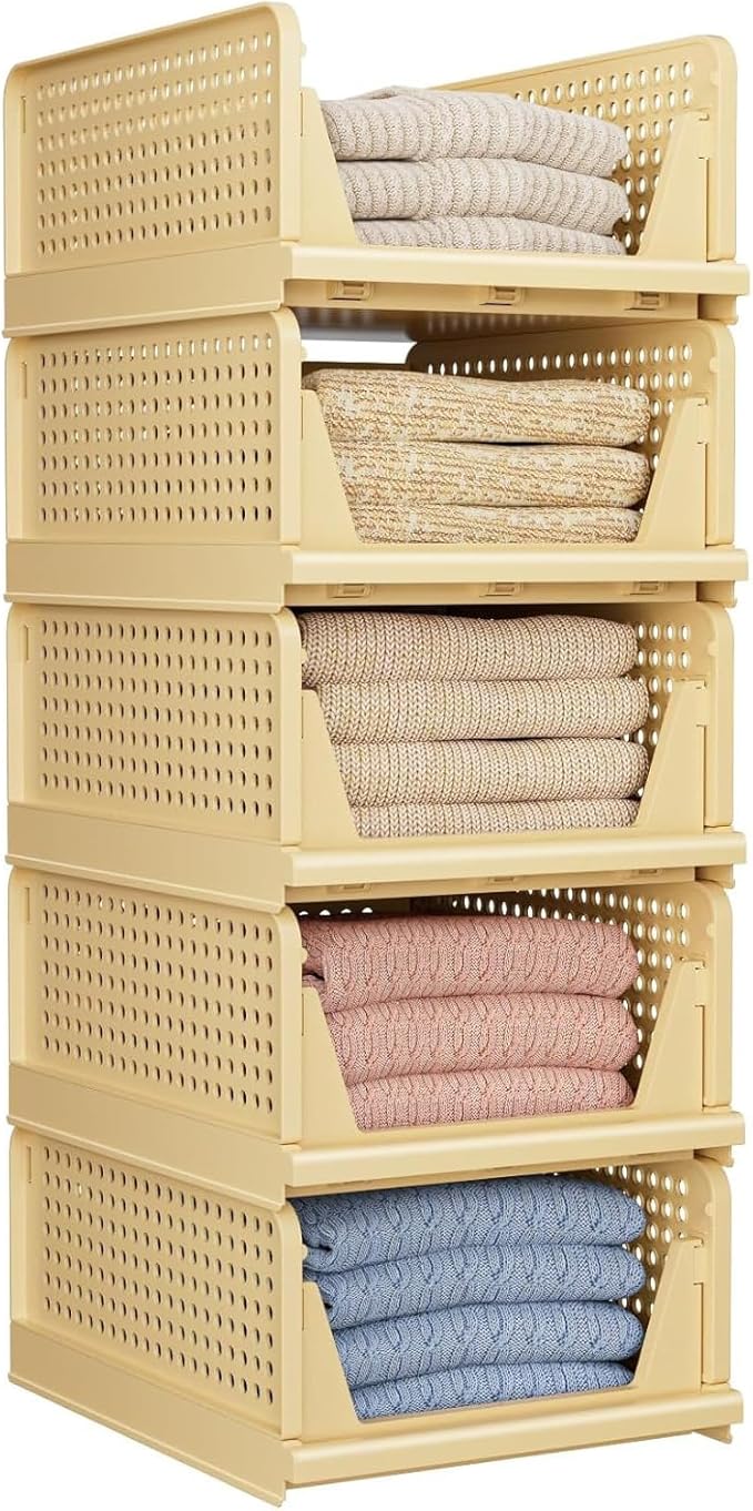 5 Pack Folding Closet Organizers Storage Box, Stackable Storage Bins, Plastic Drawer Basket Closet Storage for Wardrobe Cupboard Kitchen Bathroom Office 5L (Yellow)