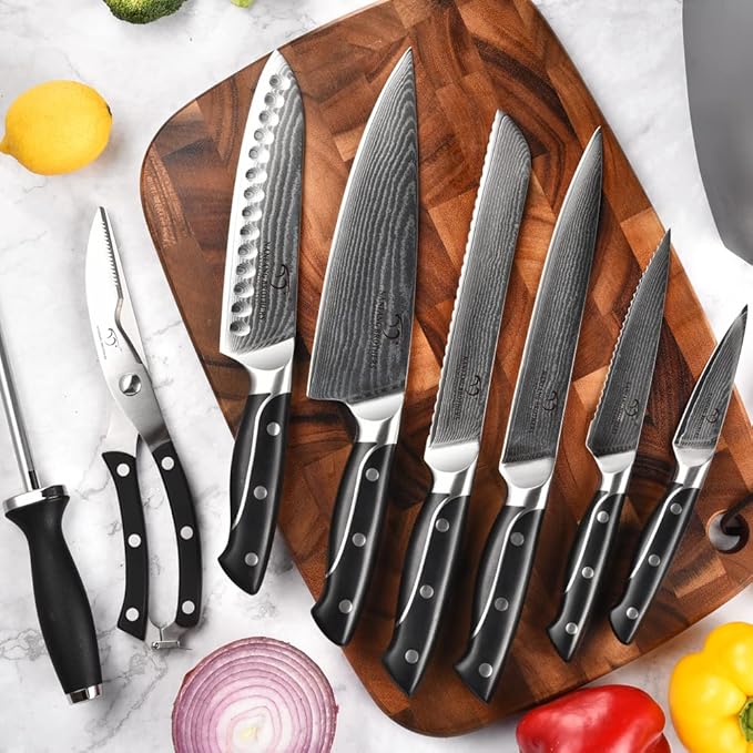 Damascus Kitchen Knife Sets, 9 Pieces Kitchen Knives Set with Block, ABS Ergonomic Handle for Chef Knife Set, Knife Sharpener and Kitchen Shears, Knife Block Set