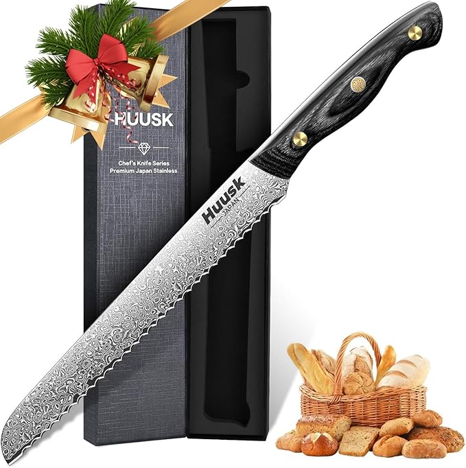 Huusk Damascus Serrated Bread Knife for Homemade Bread, VG10 Serrated Knife with Wide Wavy Edge, Tomato Slicer knife with Wooden Handle for Sourdough Baguette Sandwich,Birthday Dad Mom Gift