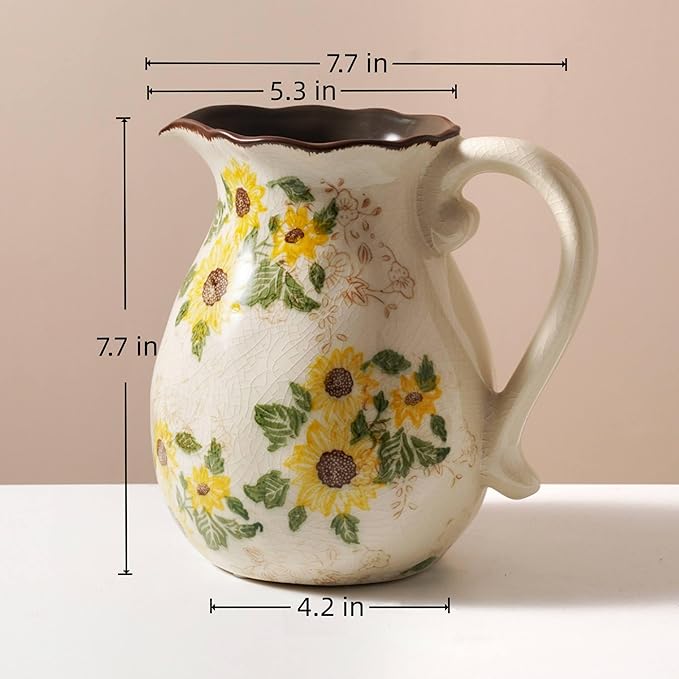 Levvohd Vintage Vase with Handle, 7.6 Inch Ceramic Pitcher Sunflower Floral Vase, Rustic Farmhouse Vases for Grandma Core Home Decor, Bookshelf Office Tuscan Decor (Large)