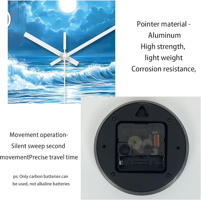 XFM Blue Wall Clock Battery Operated 12 Inch Silent Non-Ticking Glass Clocks Moon Ocean Wave Round Clocks for Kitchen Bedroom Bathroom Decor