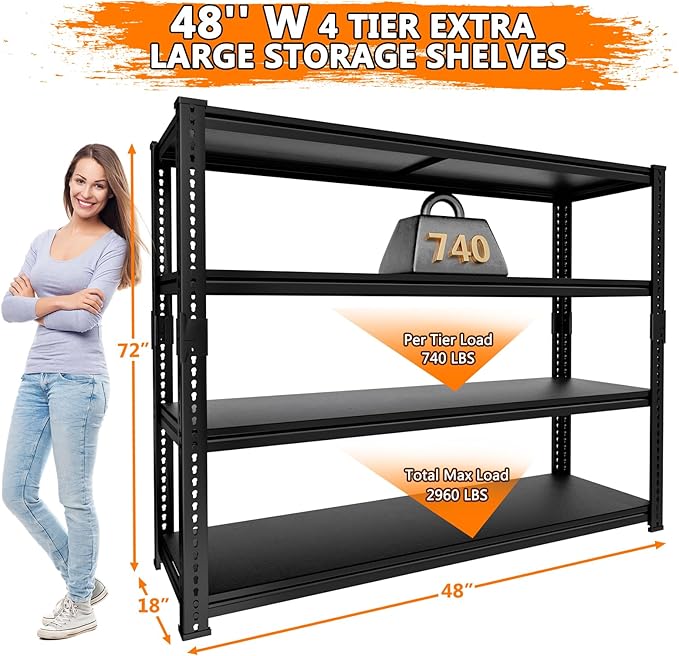 Storage Shelves Heavy Duty, 48"L x 18"W x 72"H Garage Storage Shelves Unit Loads 2960LBS, 4-tier Adjustable Metal Industrial Utility Shelf Rack for Kitchen, Laundry Room, Pantry, Warehouse, Basement