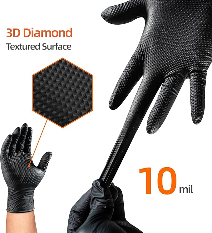 10 Mil Nitrile Disposable Gloves Heavy Duty Mechanic Gloves Raised Diamond Texture Thick (Black of 1000, X-Large)