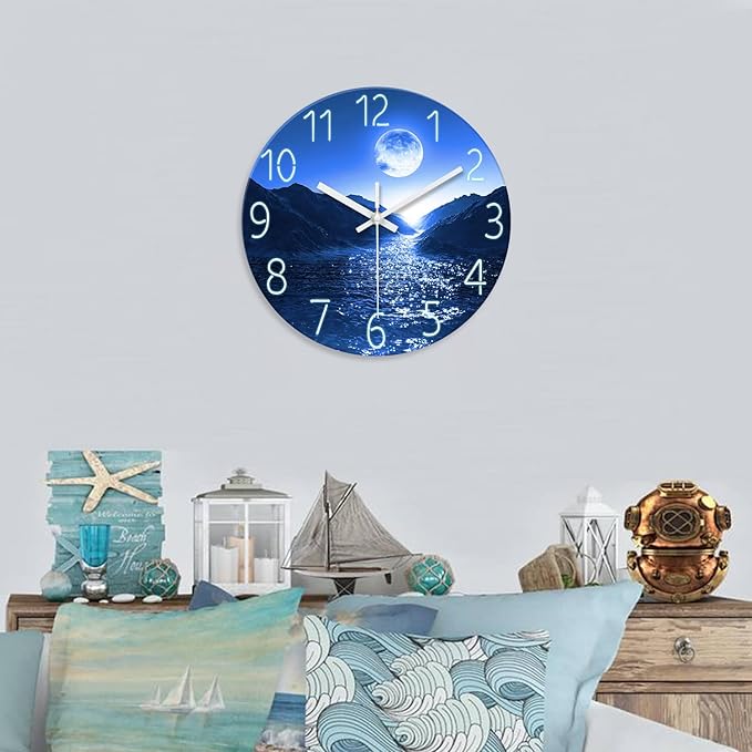 XFM Blue Moon Wall Clock Battery Operated 24 Inch Modern Silent Non Ticking Large Decorative Wall Clocks for Kitchen Living Room Bedroom