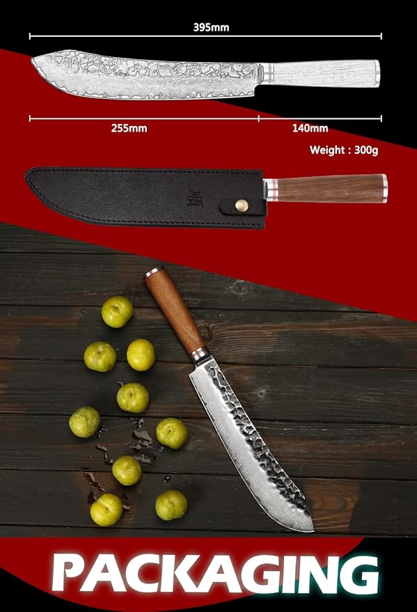 YOUSUNLONG Breaking Knives 10 inch Pro Bull Nose Butcher Knife Japanese Hammered Damascus Steel Natural Walnut Wooden Handle