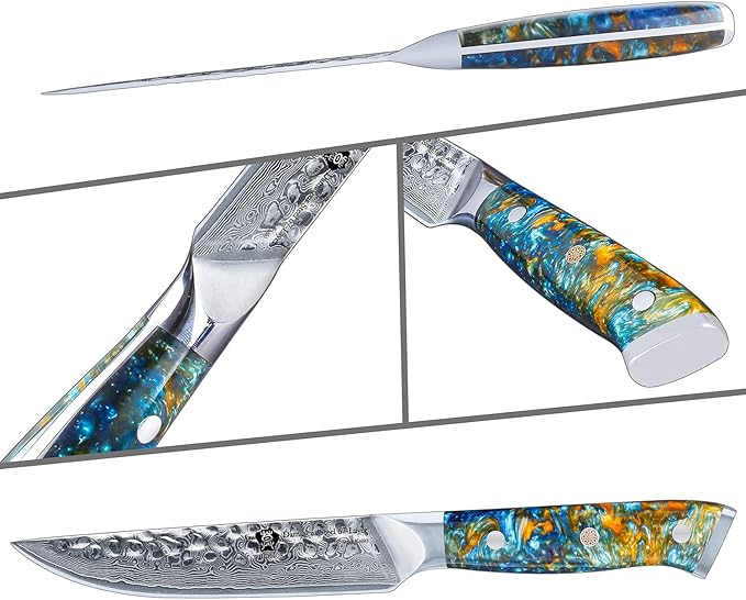 WILDMOK Steak Knife Set 4pc Full Tang 5 inch Forged Damascus Steel Dinner Knives Full Tang Ergonomic Beautiful Resin Handle