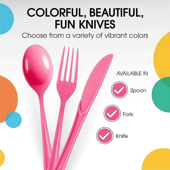 Party Solids Hot Pink Plastic Knives 200 Pcs Hot Pink Knives Disposable Utensils Heavy Duty Plastic Cutlery Set Disposable Cutlery Sets Flatware Sets Silverware Set Party Supplies & Party Tableware