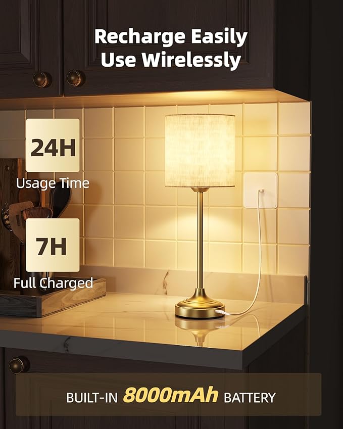 Wireless Lamp, 2-Pack, 8000mAh, Dimmable, 2700K, Touch Control, Portable, Small, LED, Rechargeable Table, Rechargeable, Cordless, Desk Lamp, Kitchen Lamp, Fabric Shade, for Dining Room, Living Room