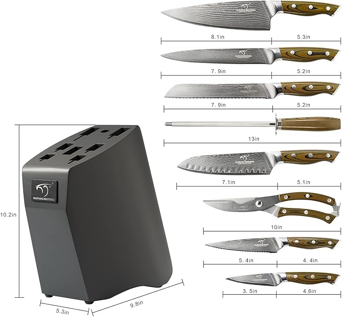Kitchen Damascus Knife Set, 9-Piece Kitchen Knife Set with Block, Non-slip G10 Ergonomic Triple Rivet Handle for Chef Knives, Knife Sharpener and Kitchen Shears, Natural Wood Block (Brown/Grey)