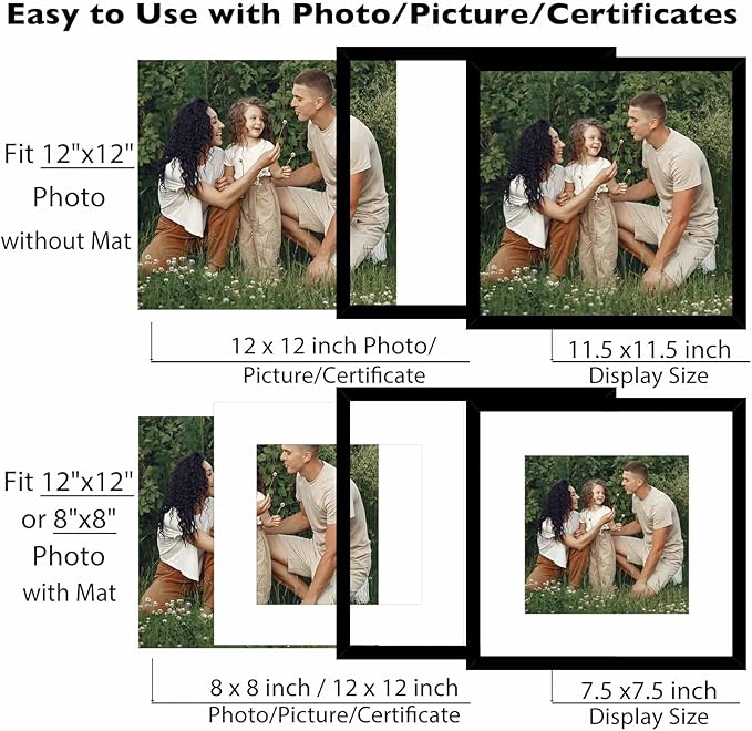 12 Pack 12x12 Picture Frame with 8x8 Mat, Display 8x8 with Mat or 12x12 Without Mat, 12 by 12 Frames Bulk Set of 12 Collage Gallery Wall Decor Photo Frames Set for Wall, Black
