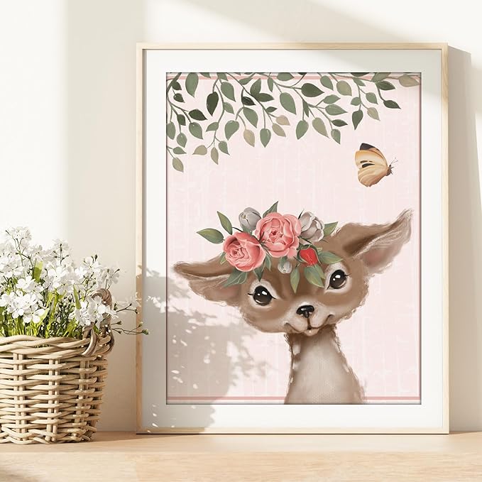 Woodland Animals Nursery Wall Art Prints (Set of 6) - Unframed - 8x10s | Set Includes Bear, Fox, Owl, Deer, Bunny Rabbit, and Raccoon wearing Floral Crowns