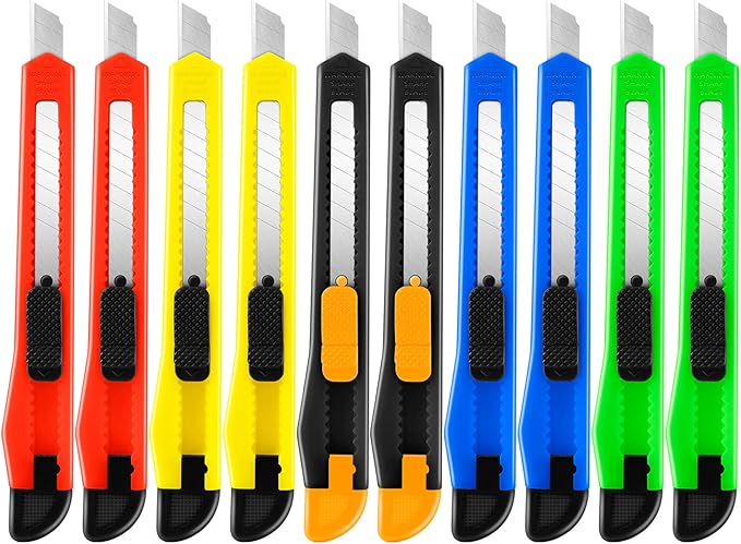 10 Pack Box Cutter Retractable, 9MM Snap-Off Blade Utility Knife, Razor Knife with Self-Lock Design, Box Cutter Knife Exacto Knife for Cutting Boxes, Carton, Cardboard, Disposal Box Opener