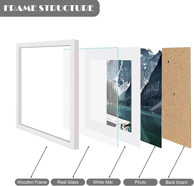 12x12 White Picture Frame set of 3, Made of Real Glass and Wooden Square Photo frame - Displays Picture 8x8 With Mat or 12 x 12 Without Mat, Desktop & Wall Collage Photo Frame