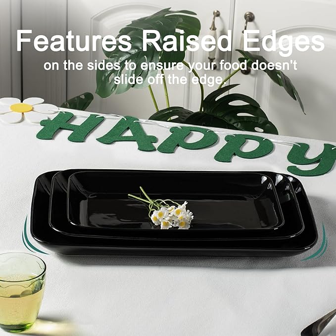 DELLING Large Serving Platter, 16/14/12inch Black Serving Tray Set- Rectangular Serving Platters for Party, Entertaining, Turkey Platter for Thanksgiving, Christmas, Microwave Dishwasher Oven Safe