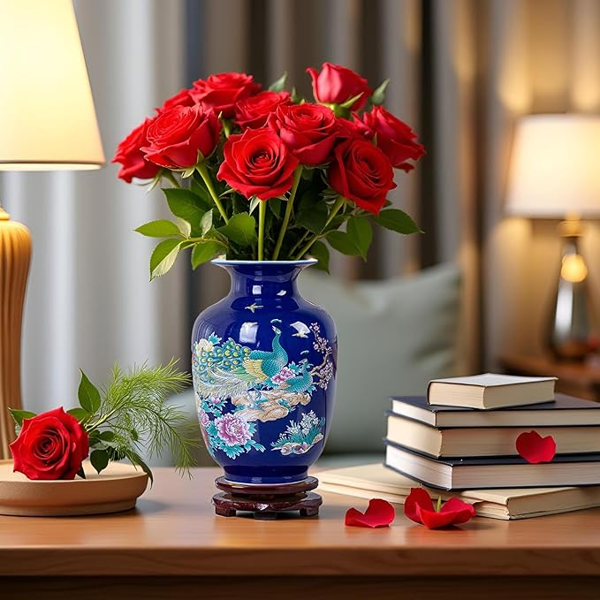 MTME Porcelain Figurines, Jingdezhen Peacock Decorative Flower vase, Home Decor, Wedding Gifts, Aesthetic Sculpture Home décor (Blue)