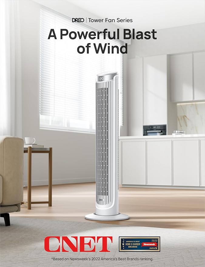 Dreo Tower Fans for Bedroom, 90°Oscillating Fans for indoors,5 Speeds 4 Modes Max 26ft/s, 12H Timer, LED Display with Touch, Remote, 40" Quiet Bladeless Standing Floor Fan for Home Office, White