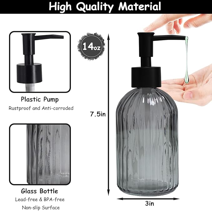 Grey Glass Soap Dispenser with Black Plastic Pump, 13.5oz Refillable Liquid Hand Soap Dispenser, Lotion Dish Soap Dispenser for Modern Home Decor, Bathroom, Kitchen Countertop, Hotel