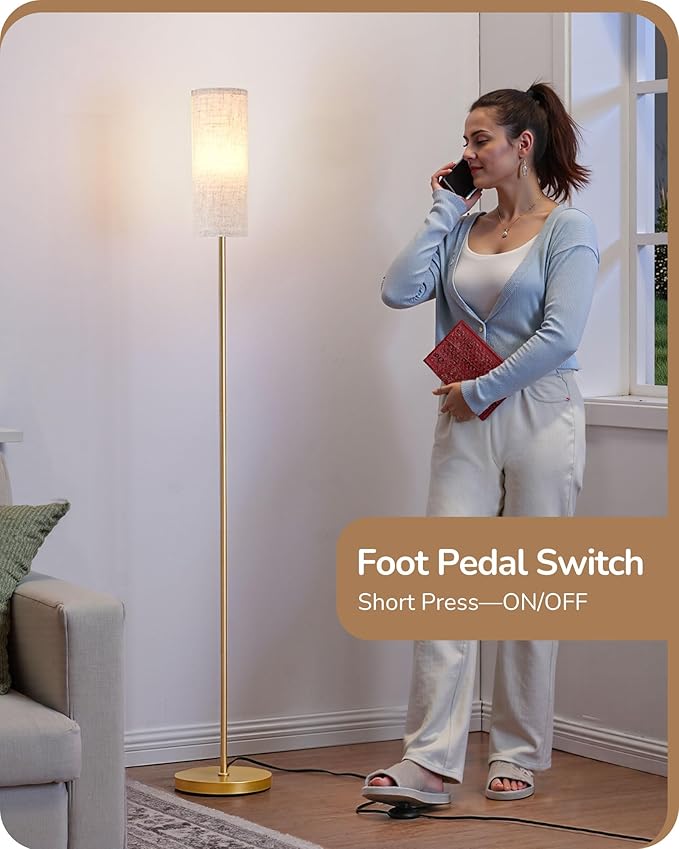 EDISHINE Floor Lamps for Living Room, 63.7in Minimalist Standing Lamp with Foot Pedal Switch, Modern Floor Lamp for Bedroom, Office, Nursery, 3 Color Temperature, 9W Bulb Included, Gold
