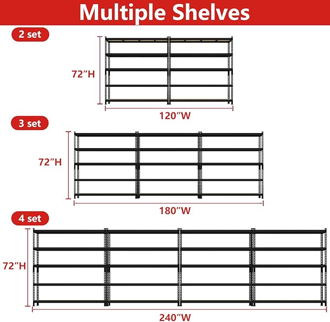 PrimeZone 60" W X 24" D X 72" H Heavy Duty Garage Storage Shelves - Adjustable Metal Shelving Unit, 5 Tier Industrial Shelves for Storage Standing Utility Rack for Warehouse, Basement, Black, 4 Pack