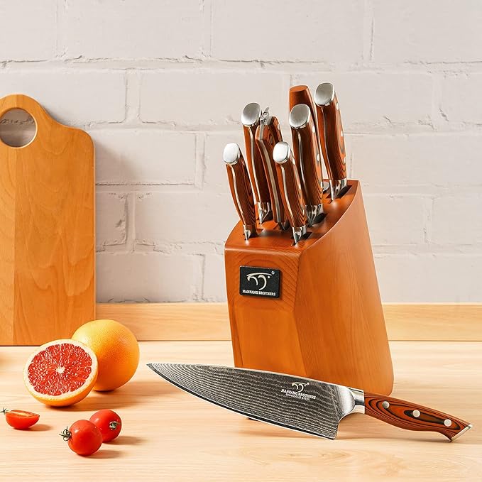 Damascus Kitchen Knife Set, 9-Piece Knives Set for Kitchen with Block, Non-slip G10 Ergonomic Triple Rivet Handle for Chef Knives, Knife Sharpener and Kitchen Shears, Natural Wood Block (Red)
