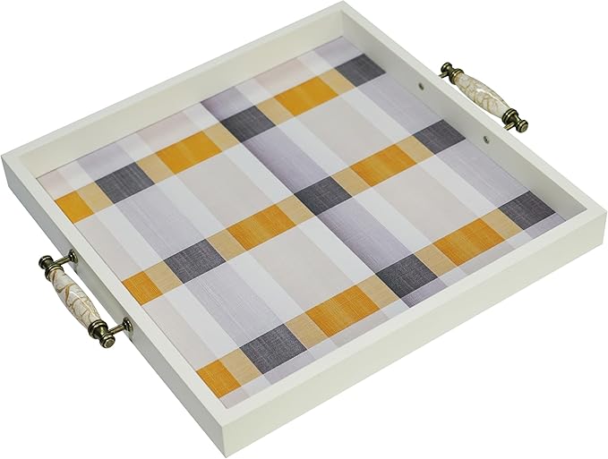 Rustic White Wooden Frame Plaid Serving Tray with Ceramic Handles, Yellow Grey White Checkered Decorative Breakfast Tray, Velvet Bottom, 16.3" x 15" x 1.6"