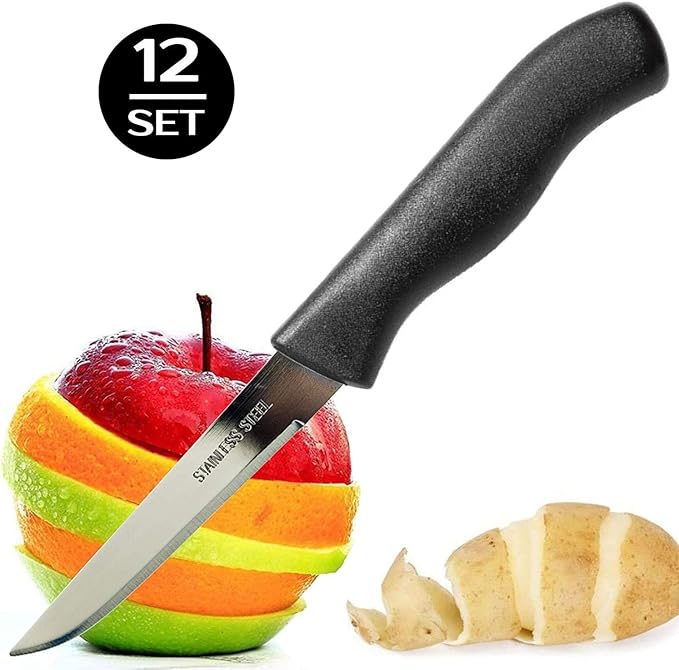 Paring and Garnishing Knife, 12-Piece Set, Knives with Straight Edge 3 Inch Blade, Stainless Steel, Spear Point, Fruit and Vegetable Cutting and Peeling, Black