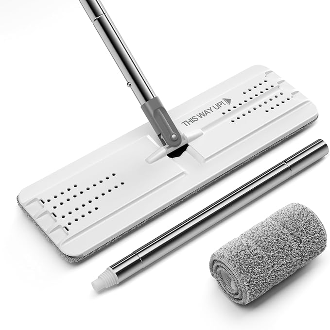 JOYMOOP Flat Mop, Microfiber Floor and Wall Cleaner, 60" Long Handle with 15" Flat Head with a Pad - White