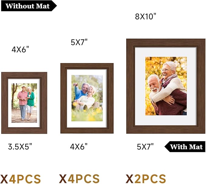 Picture Frames Set of 10, Collage Picture Frames for 8x10, 5x7, 4x6 Photos Real Glass for Wall or Tabletop