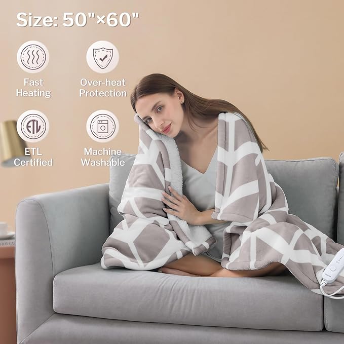 VENTIMI Electric Blanket Heated Throw, 50" x 60" Heated Blanket with 5 Heat Levels & 3 Hours Auto Off, Fast Heating Blankets with ETL & FCC Certification, Beige