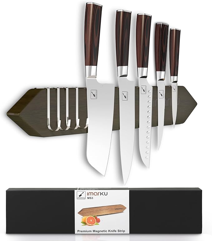imarku Magnetic Knife Holder for Wall - 16 Inch Acacia Wood Magnetic Knife Strip with Powerful Magnet, Knife Magnetic Strip for Kitchen Utensil Organizer with 4 Hooks, Dark Gray