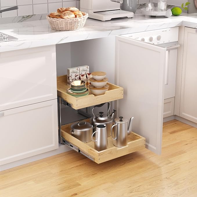 Wood Pull Out Cabinet Organizer 2 Tie 11" W x 21" D for 12" Cabinet Opening, Heavy-Duty Sliding Drawers for Inside Cabinets Storage and Organization for Kitchen, Pantry, Bathroom