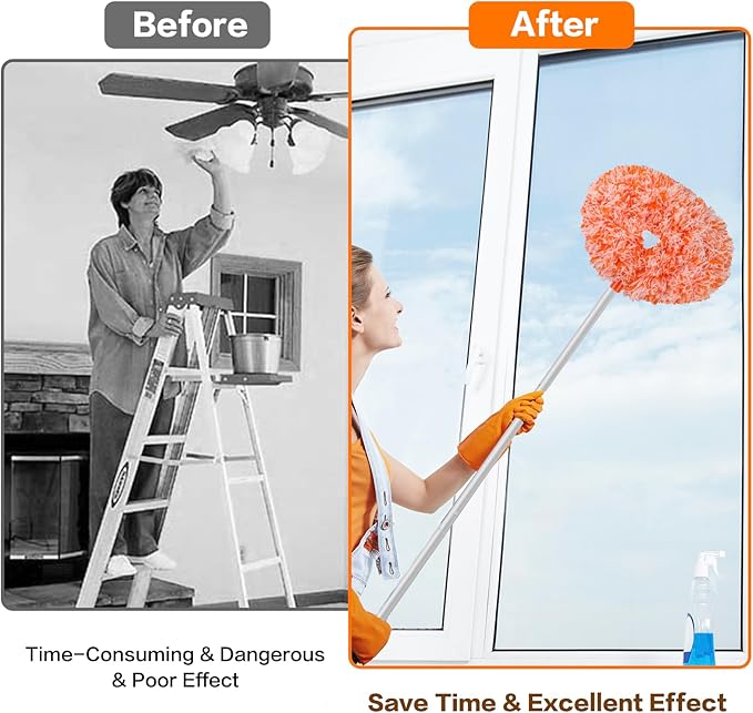 Ceiling Fan Cleaner Duster Reusable Microfiber Ceiling Fan Blade Cleaner Removable Duster with Extension Pole Adjusts 13 to 49.7 Inch for Cleaning Walls Furniture Door Window Top (Orange White)