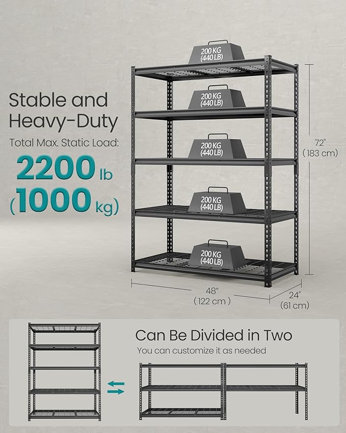 SONGMICS 5-Tier Storage Shelves, Heavy-Duty Garage Shelving, Adjustable Shelving Unit, Steel Shelf, Boltless Assembly, for Garage, 2,200 lb Load, 24 x 48 x 72 Inches, Ink Black UGLR454B01