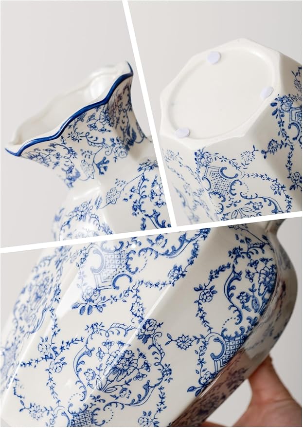 Blue and White Vase, Vintage Blue Ceramic Flower Vessel,Ceramic vases for Home Decor,Vintage Green and Beige for Console Table Mantle Chinoiserie Decor (Blue and White-01, Small)