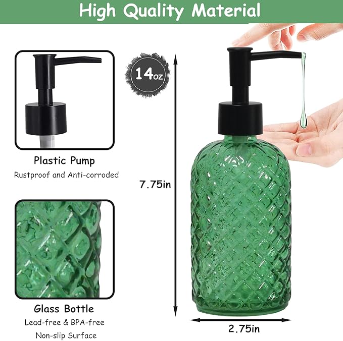 Green Glass Soap Dispenser with Black Pump, 13.5oz Liquid Hand Soap Dispenser Set, Dish Soap Lotion Dispenser for Modern Home Decor, Bathroom, Kitchen Countertop, Hotel(2 Pack)