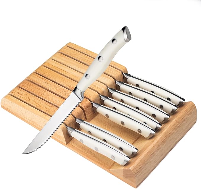 Alata 8-Piece White Steak Knives Set with Block, Stainless Steel Steak Knife set with Serrated Edge, Razor-Sharp, Full-Tang Construction, Dishwasher Safe