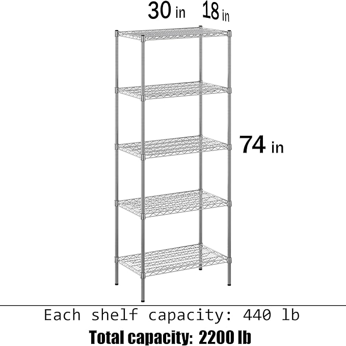 18" Deep x 30" Wide x 74" Height Wire Shelving Kit | 5-Tier | NSF Commercial Storage Rack Unit