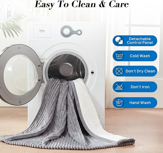 Westinghouse Electric Blanket Twin, Soft Ribbed Flannel to Sherpa Heated Blanket with 10 Heating Levels & 1-12 Hours Auto Shut Off, Fast Heating & Machine Washable, 62x84 Inch, Light Grey