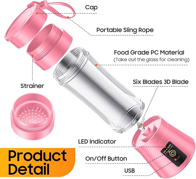 Portable Blender for Smoothies & Shakes - Personal Blender with 12Oz Traveling Cup, BAP Free, 6 Stainless Steel Blades, Freshly Squeezed for Office/Picnic/Sports