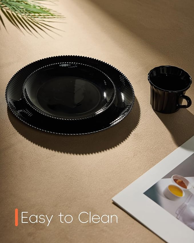 7.5 inch Ribbed Salad Appetizer Plate Set of 6, Opal Glass Round Small Black Plates for Dessert, Kitchen, Dishwasher and Microwave Safe