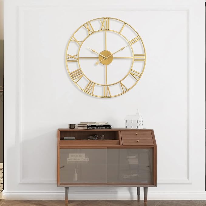 Large Wall Clock, Metal Retro Roman Numeral Clock, Modern Round Wall Clocks Almost Silent, Easy to Read for Living Room/Home/Kitchen/Bedroom/Office/School Decor (Gold, 18.5 Inch)