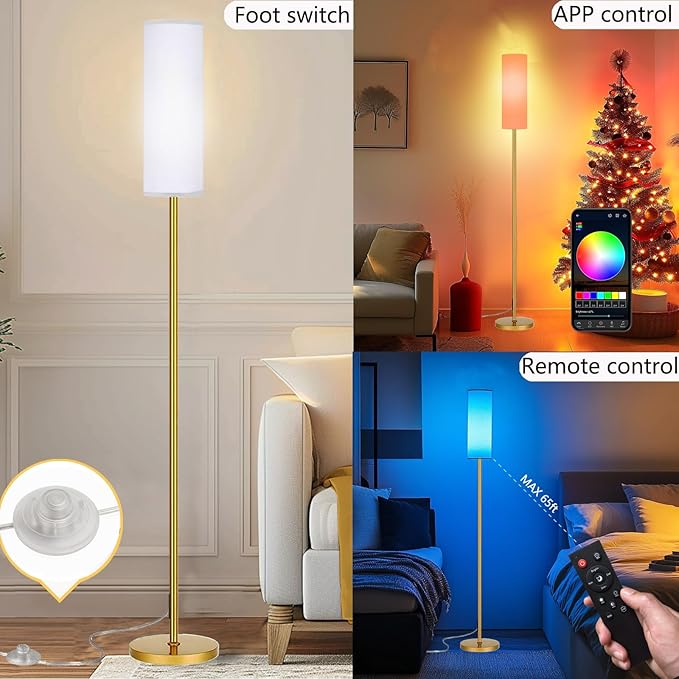 Smart LED Floor Lamp with APP Control & RGB Colors - Dimmable Standing Lamp for Living Room, Bedroom, Gaming - Remote, Timer, 9W Bulb Included, 67" Modern Tall Lamp (Gold)