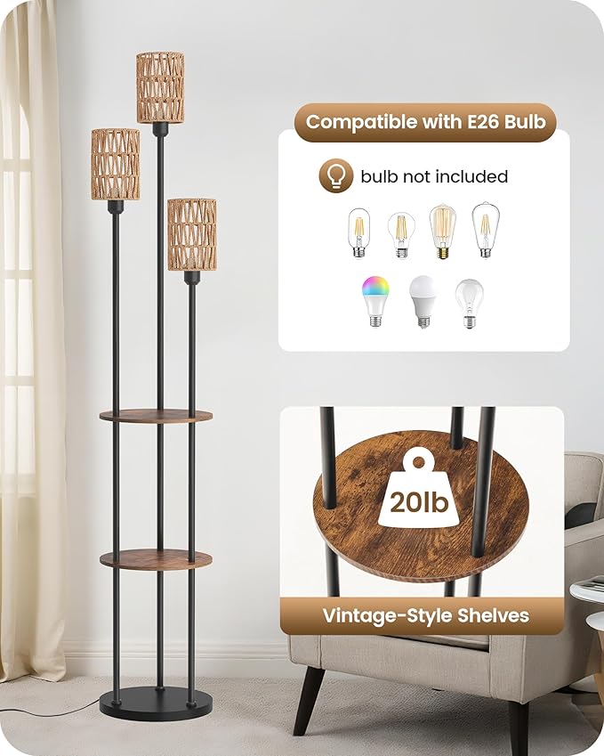 Floor Lamp with Shelves, Boho Floor Lamp with Foot Switch, 3-Light Standing Lamp, for Living Room, Bedroom, Study, Rustic Brown and Yellow YF53LD05 
