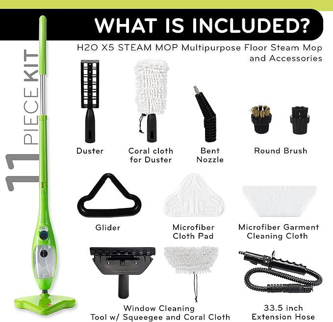 H2O X5 5-in-1 Multi-Purpose Steam Mop, Handheld Steam Cleaner, Adjustable Height, Removable Tank, Large Capacity, Rapid Heat Up, Steam Control, Lightweight, High Pressure