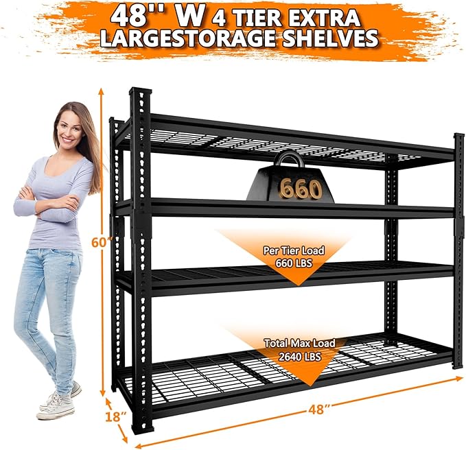 Storage Shelves Heavy Duty 3 PCS, 48"L x 18"W x 60"H Garage Wire Shelving Unit Loads 2640LBS, 4-tier Adjustable Metal Industrial Utility Shelf Rack for Kitchen, Laundry, Pantry, Warehouse, Basement