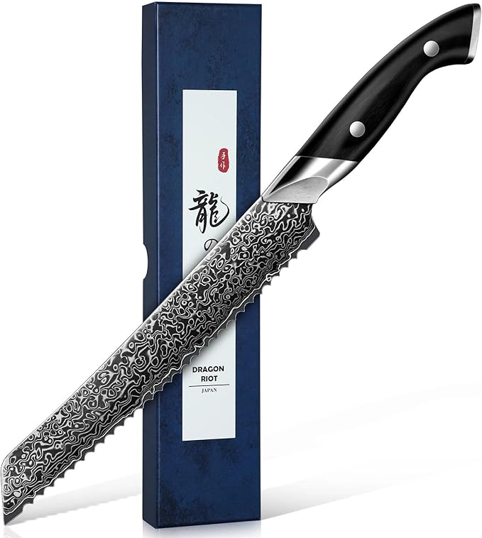 DRAGON RIOT 8 Inch Bread Knife with Damascus Pattern, VG10 Steel Core, High Carbon Stainless Steel Serrated Blade, Ergonomic Curved Handle, Easy to Clean, Kitchen & Baking Gift