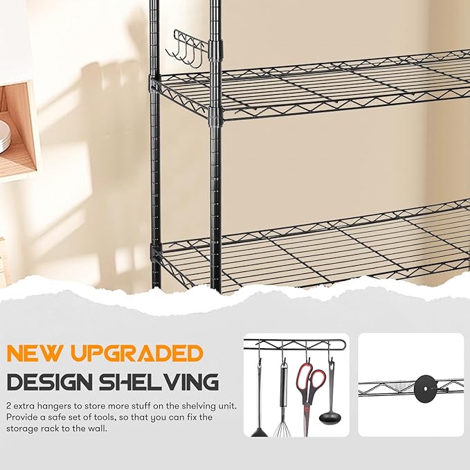 YNN Storage Shelves,1750Lbs 5 Tier Heavy Duty Metal Rolling Shelving Unit with Wheels & 8 Hooks, Adjustable Garage Wire Rack for Kitchen, Bathroom,Industrial,Pantry(36" W x 14" D x 72" H,Black)