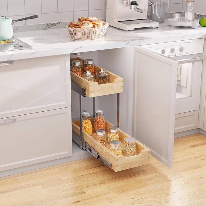 Wood Pull Out Cabinet Organizer 2 Tie 9" W x 21" D, Heavy-Duty Sliding Drawers for Inside Cabinets Storage and Organization for Kitchen, Pantry, Bathroom