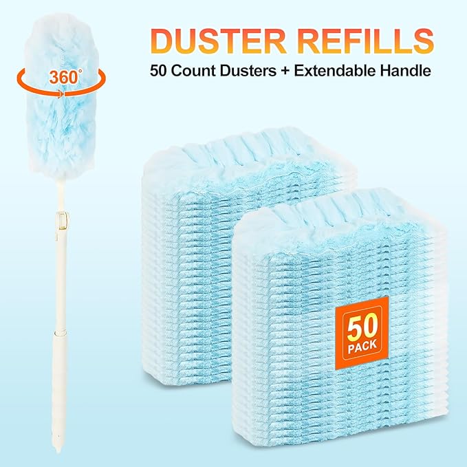 50 Count Heavy Duty Duster Refills for Swiffer Duster, Multisurface 360 Dusters Replacements with 3 ft Extended Handle, Unscented Disposable Dusters for Cleaning Home, Blinds, Ceiling Fans, Furniture