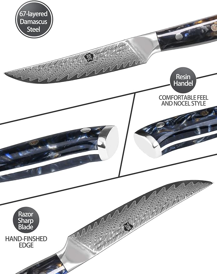 WILDMOK Steak Knives, 5 inch Non Serrated Steak Knife Set of 4, Japanese Damascus VG10 Steel Steak Knives,Premium Steak Knives Set with Gift Box